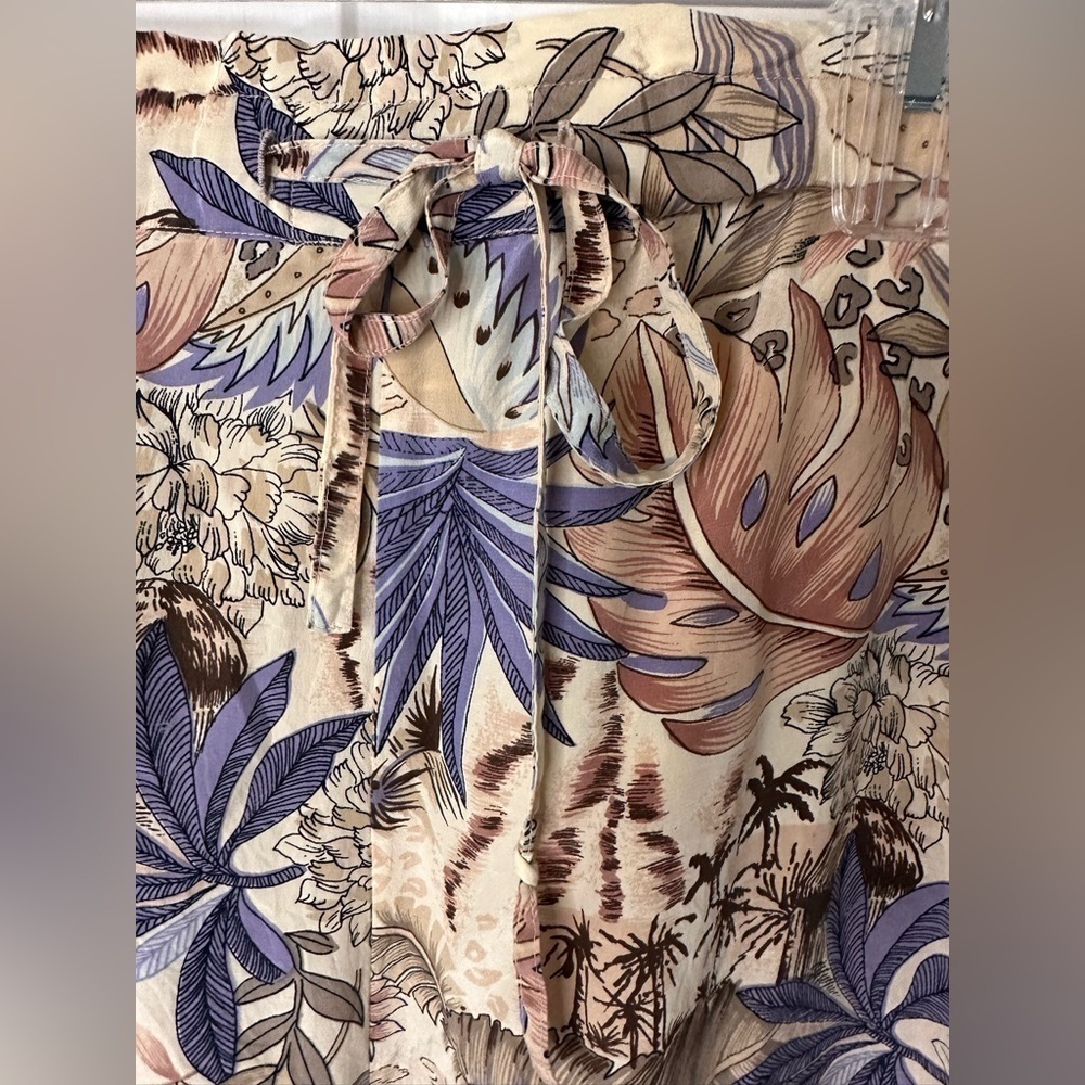 Fuda Silk Tropical Print Drawstring Wide Leg Pants S - Picture 5 of 8